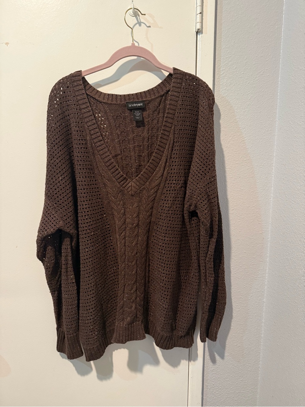Lane Bryant Brown Knit V-Neck Sweater with Subtle Metallic Thread